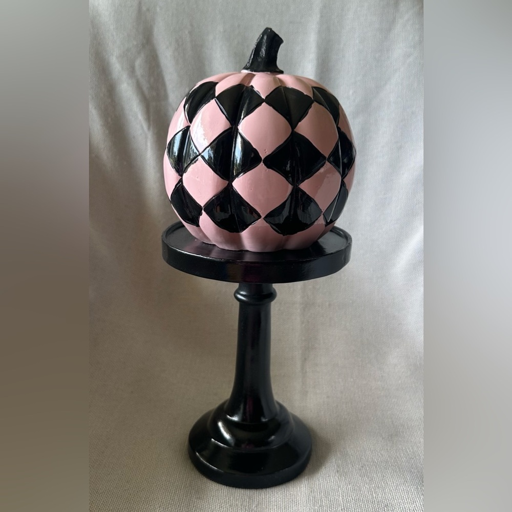Bella Luxx Pink and Black Harlequin Pumpkin Decor